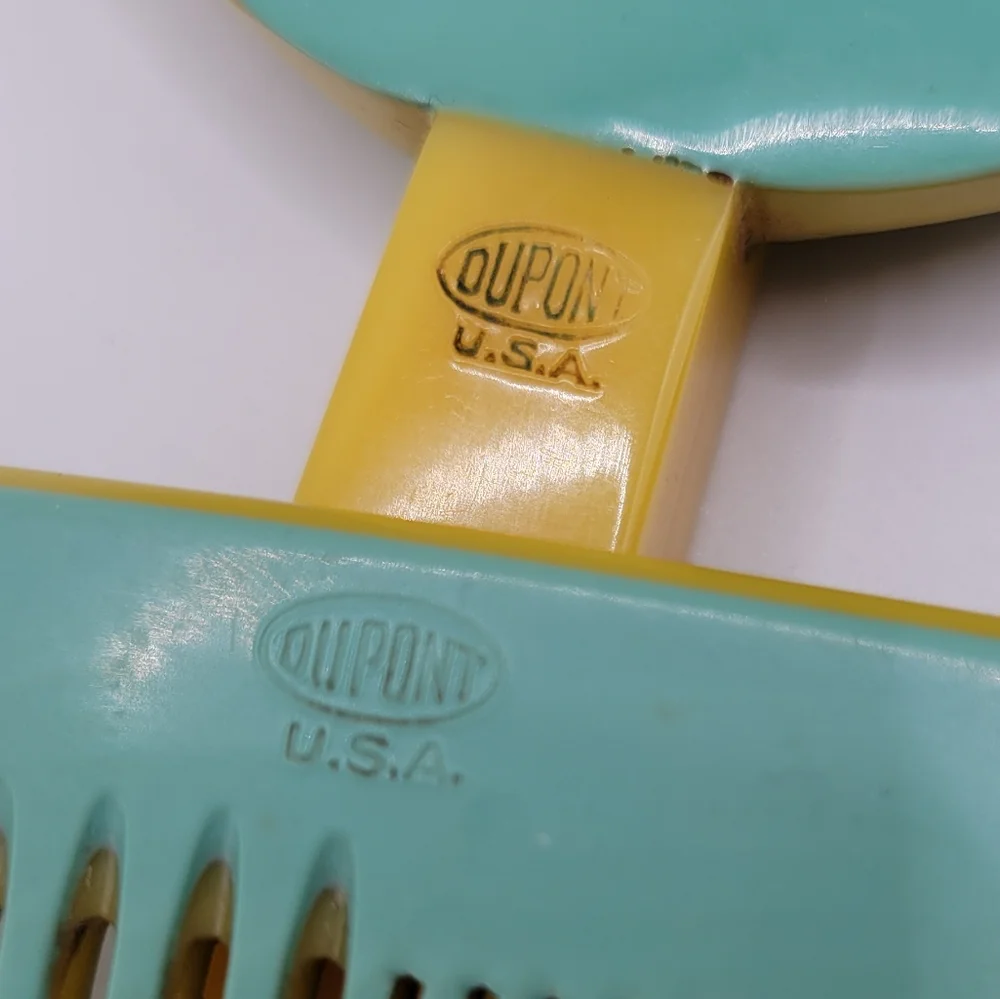 VTG Vanity Set | Mirror & Comb | Blue & Yellow | Dupont | Made in the USA